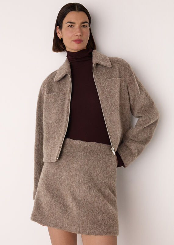 Taupe Zip Through Wool Blend Jacket