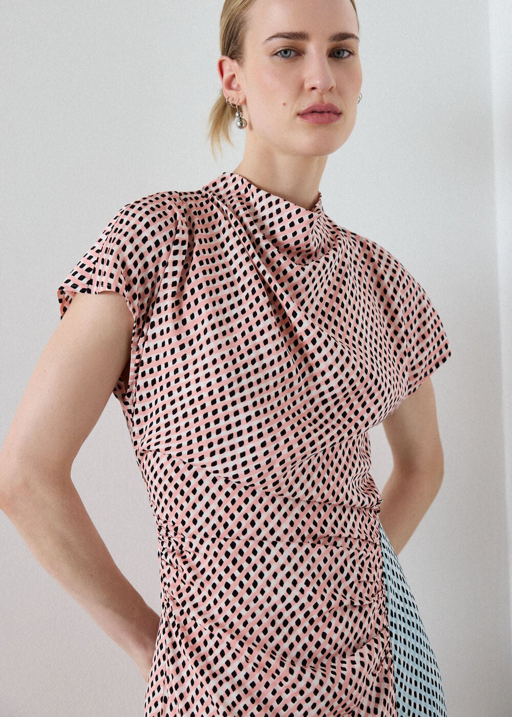 Pink Graphic Check Cowl Neck Dress