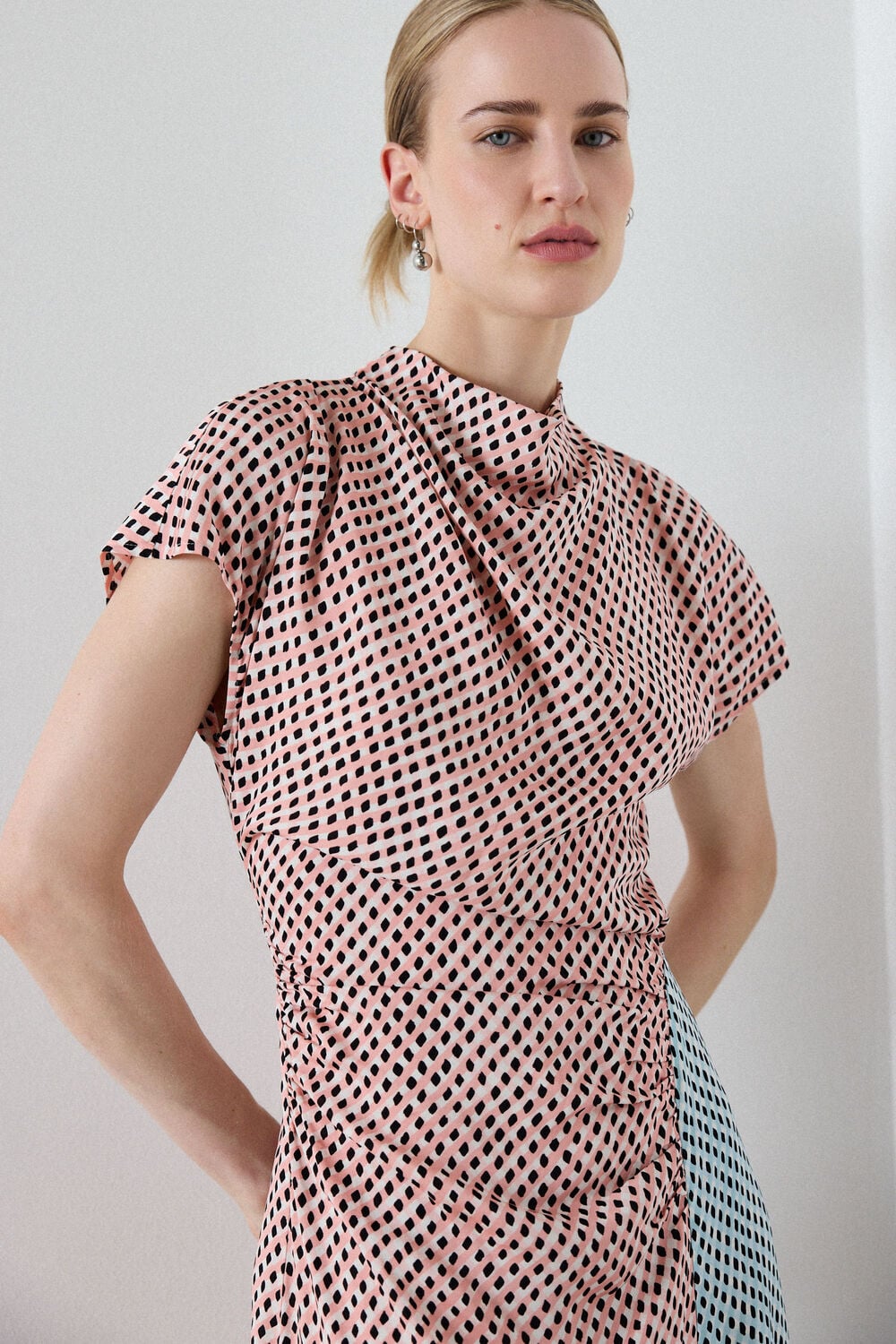 Pink Graphic Check Cowl Neck Dress