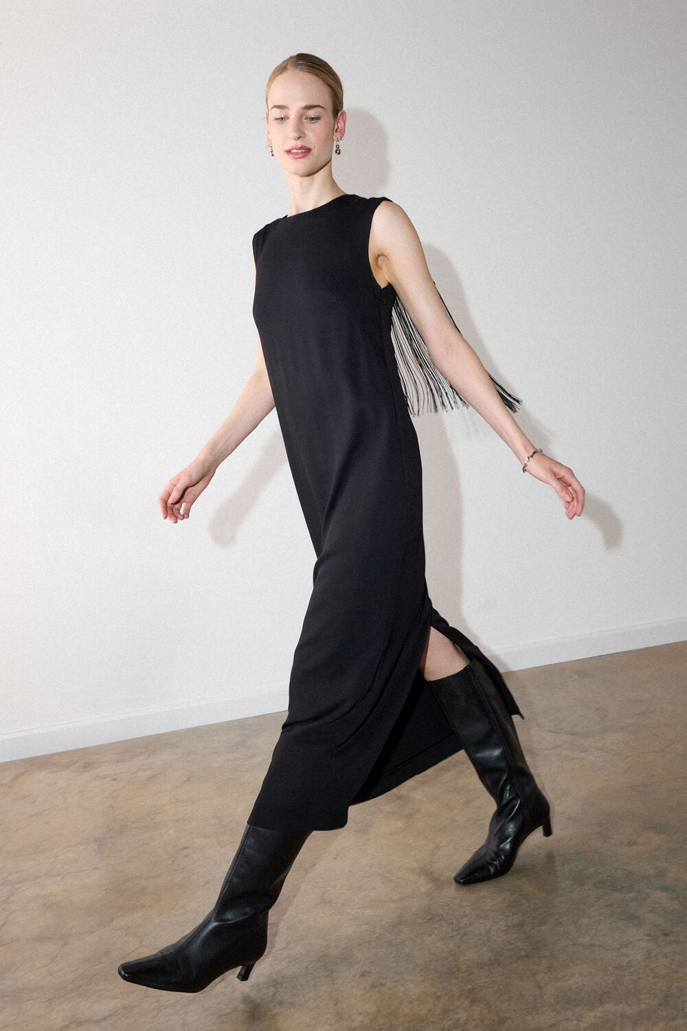 Black Fringe Back Midi Dress