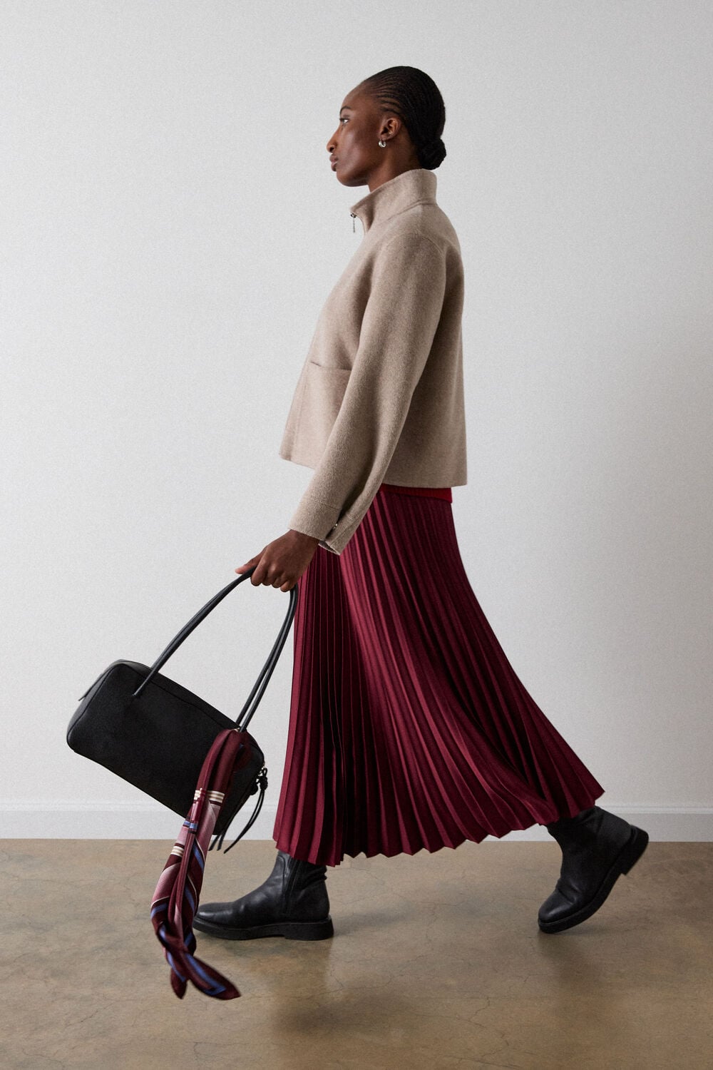 Burgundy Petite Satin Pleated Midi Skirt