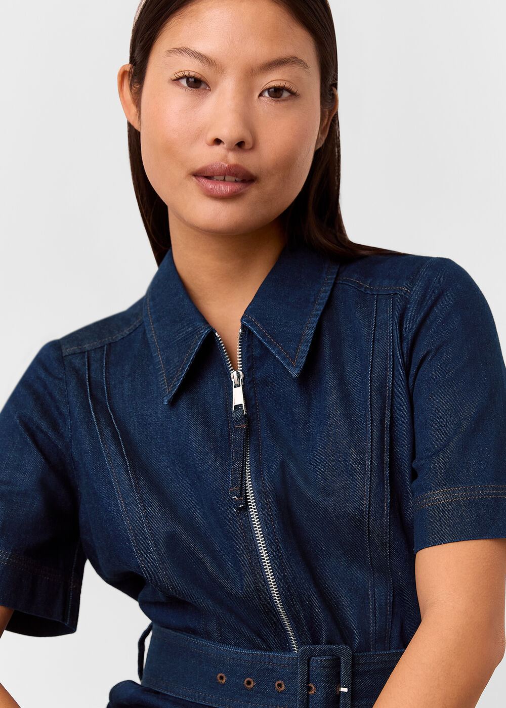 Petite Denim Pintuck Belted Jumpsuit