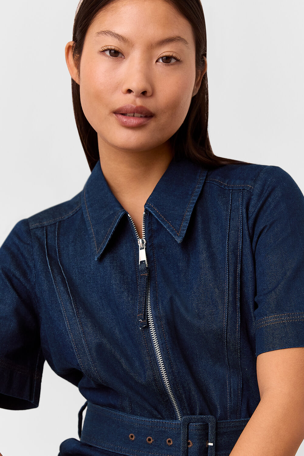 Petite Denim Pintuck Belted Jumpsuit