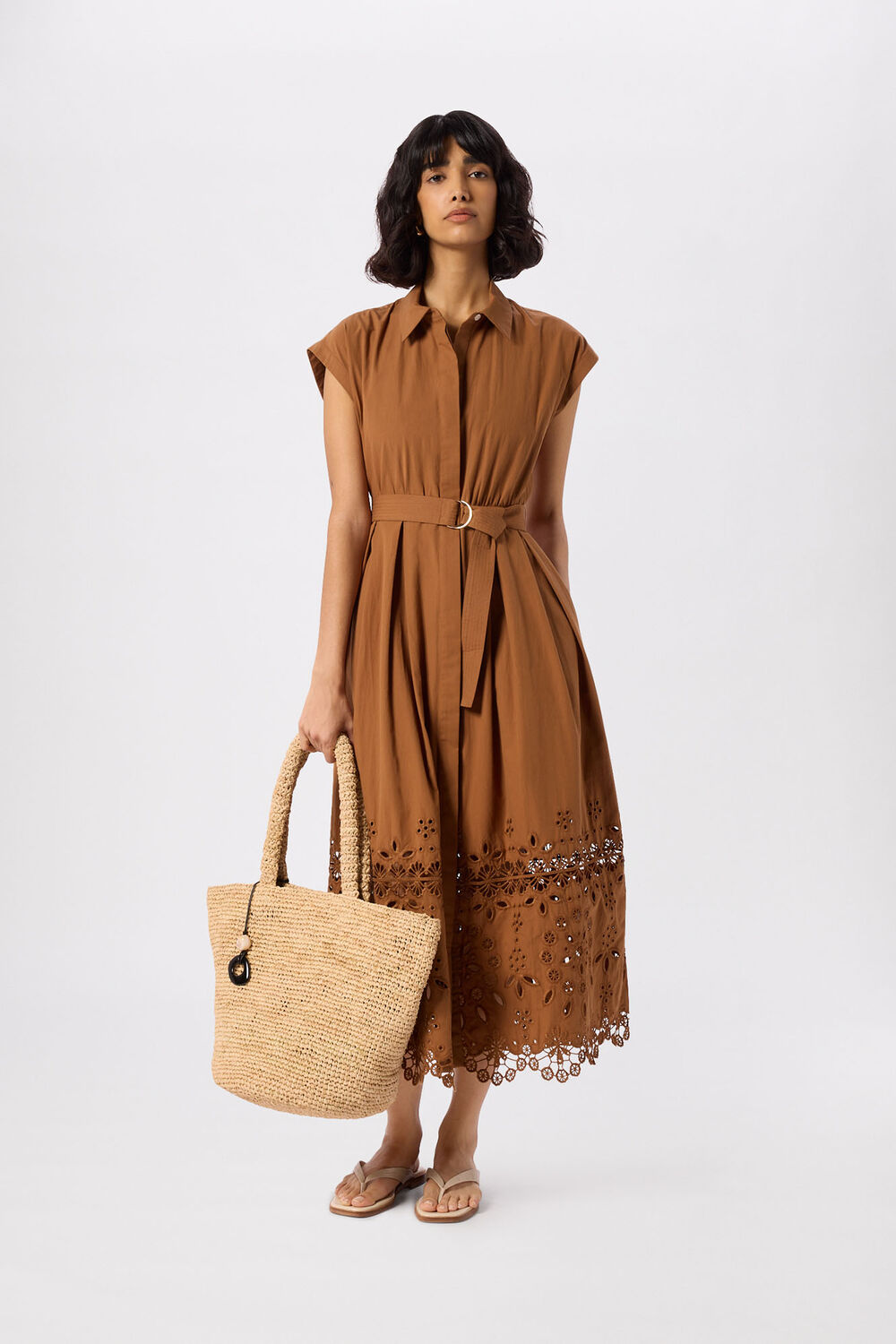 Camel Cotton Broderie Shirt Dress