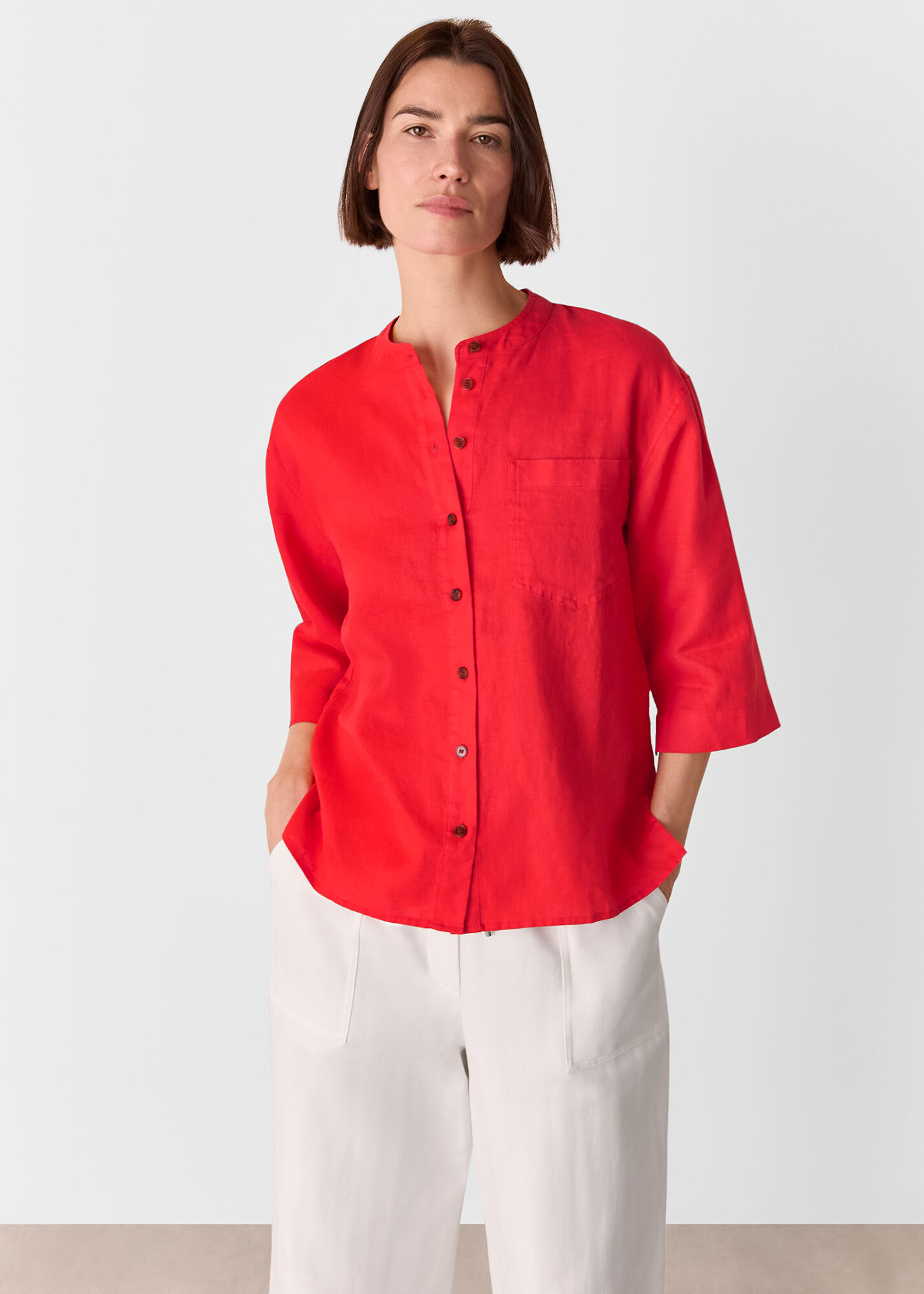 Red Linen Grandad Collar Shirt | WHISTLES | Whistles US |