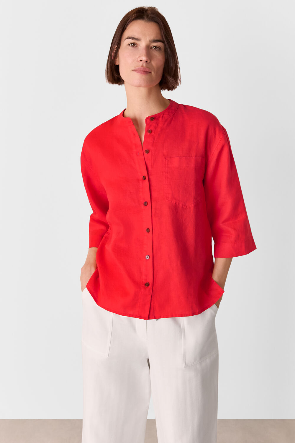 Red Linen Grandad Collar Shirt