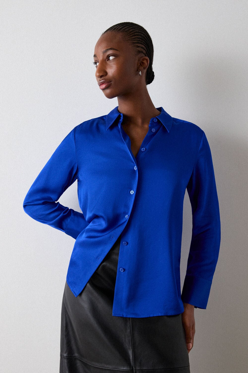 Blue Satin Viscose Collared Shirt
