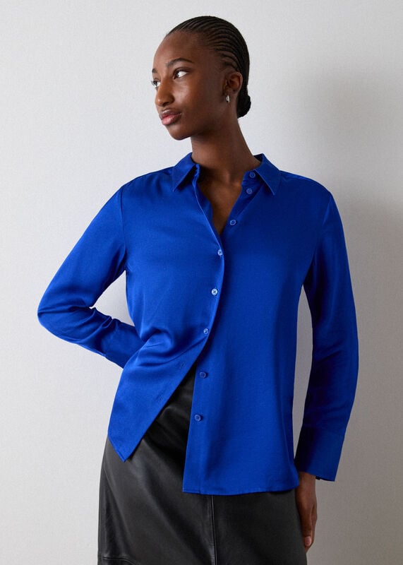Blue Satin Viscose Collared Shirt
