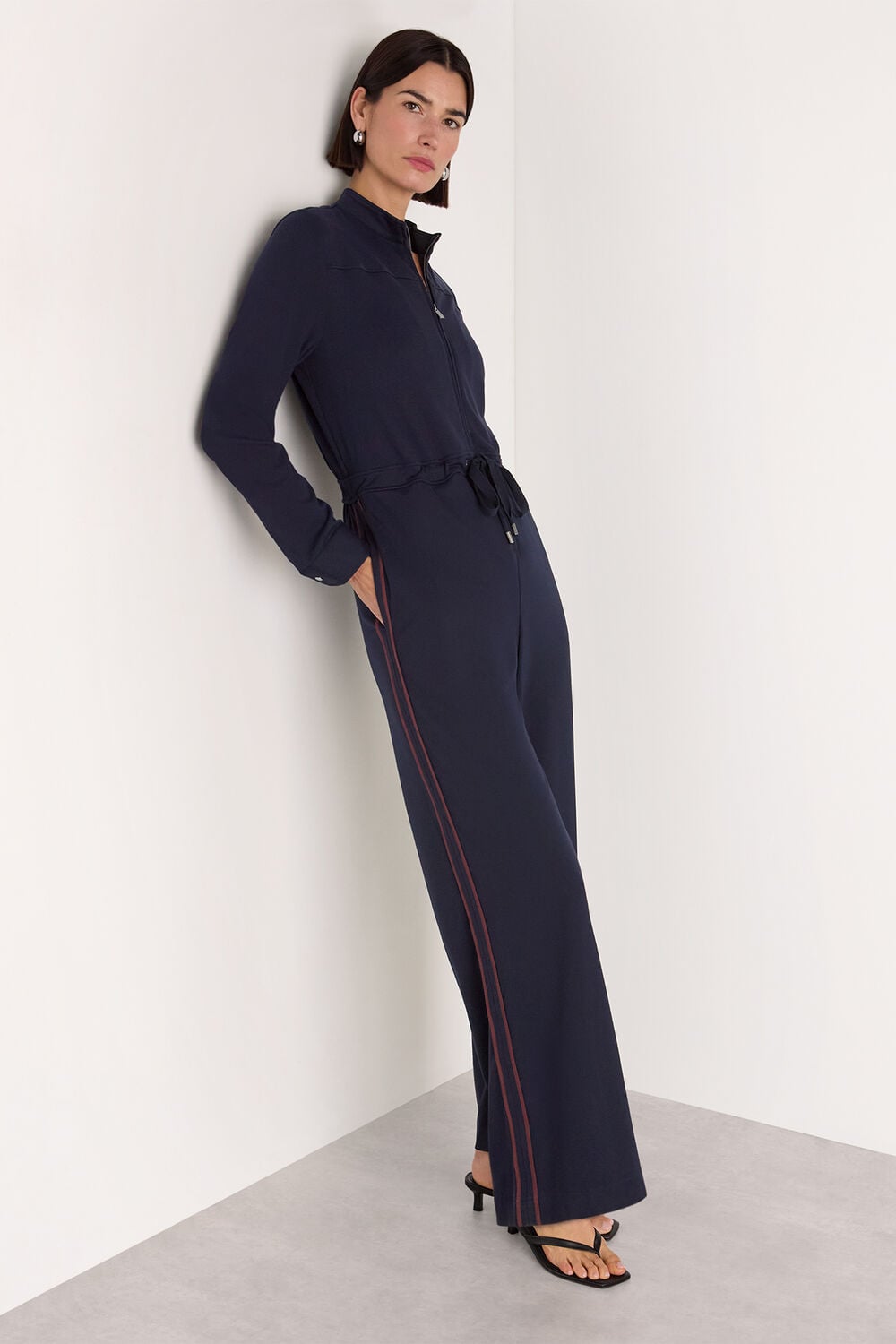 Navy Ponte Side Stripe Jumpsuit