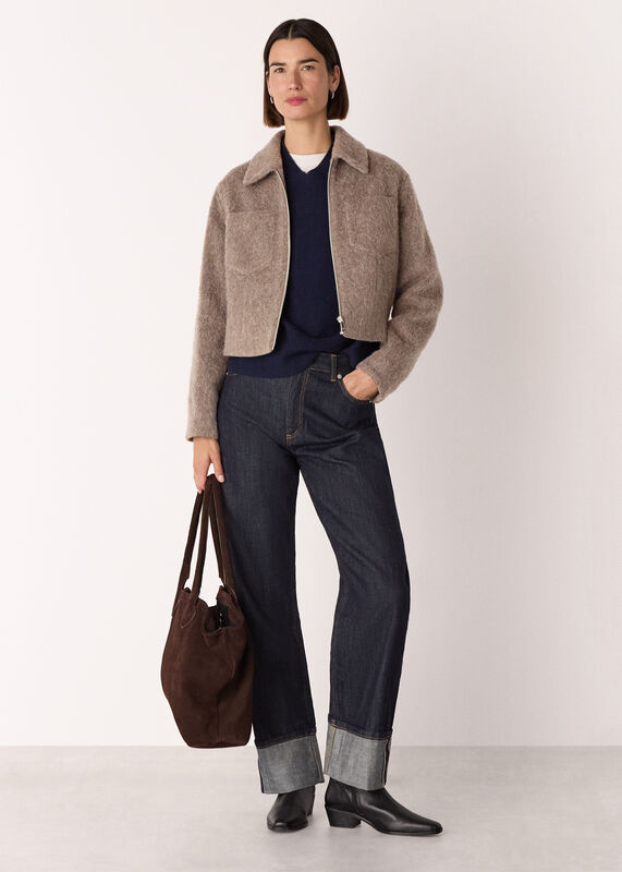 Taupe Zip Through Wool Blend Jacket