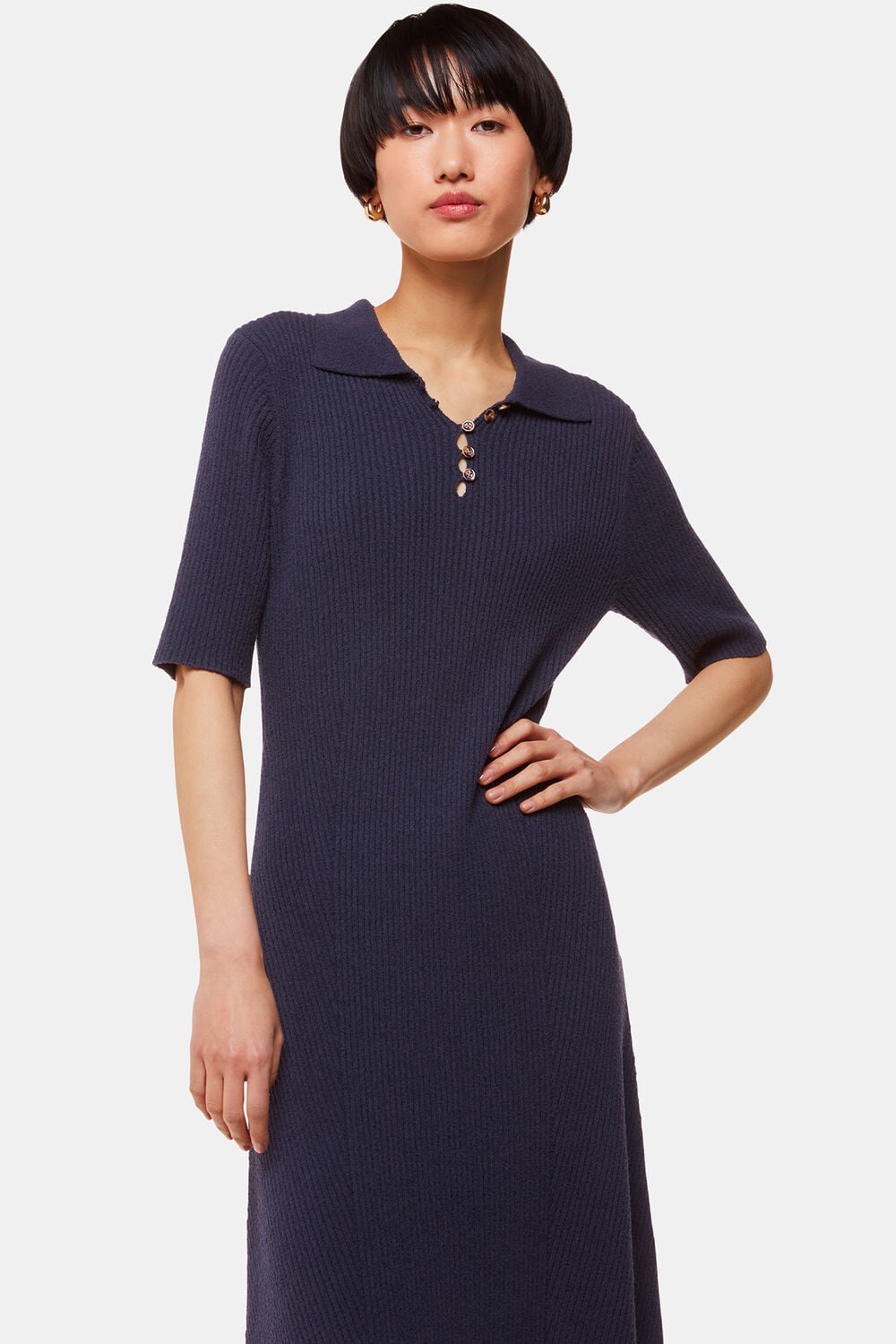 Navy Knitted Ribbed Midi Dress