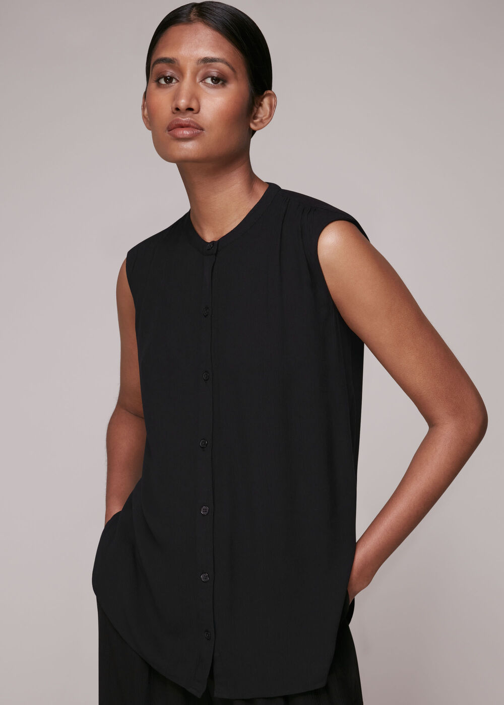 Crinkle Button Front Tank Top