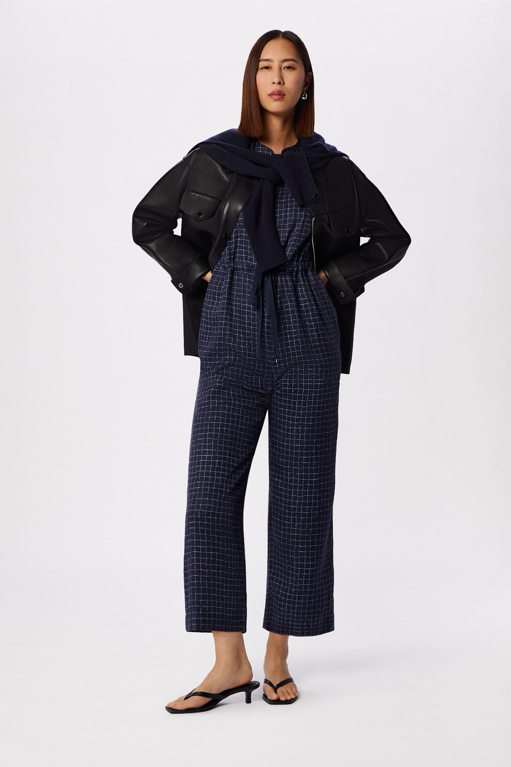 Blue Petite Grid Print Sleeveless Jumpsuit