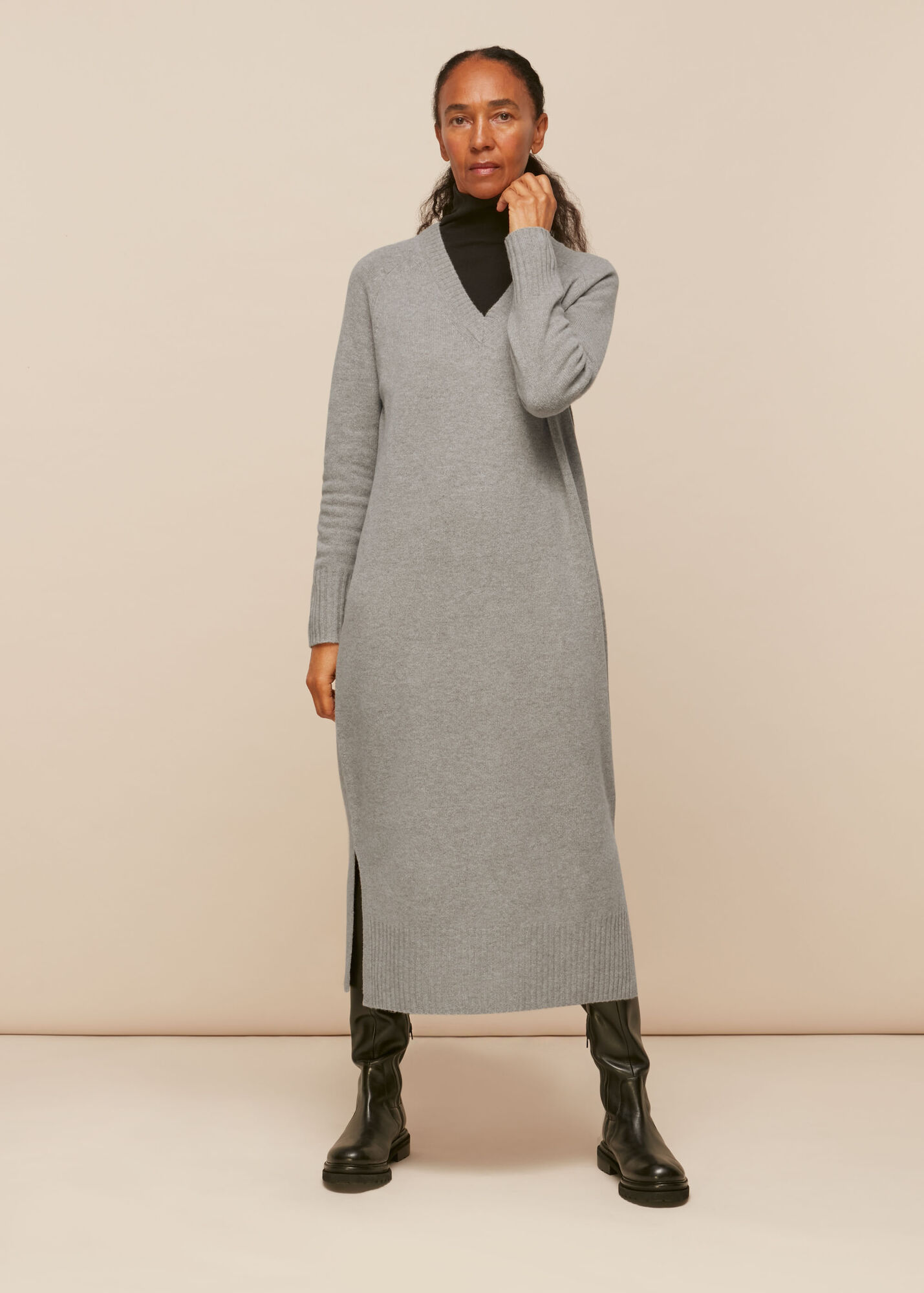 Grey Marl V Neck Knitted Dress WHISTLES