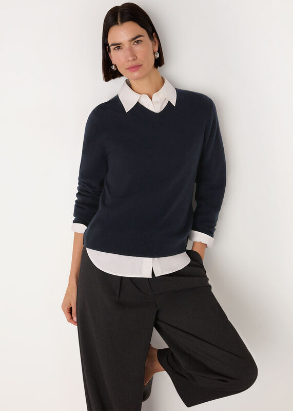 Navy Wool V Neck Knit