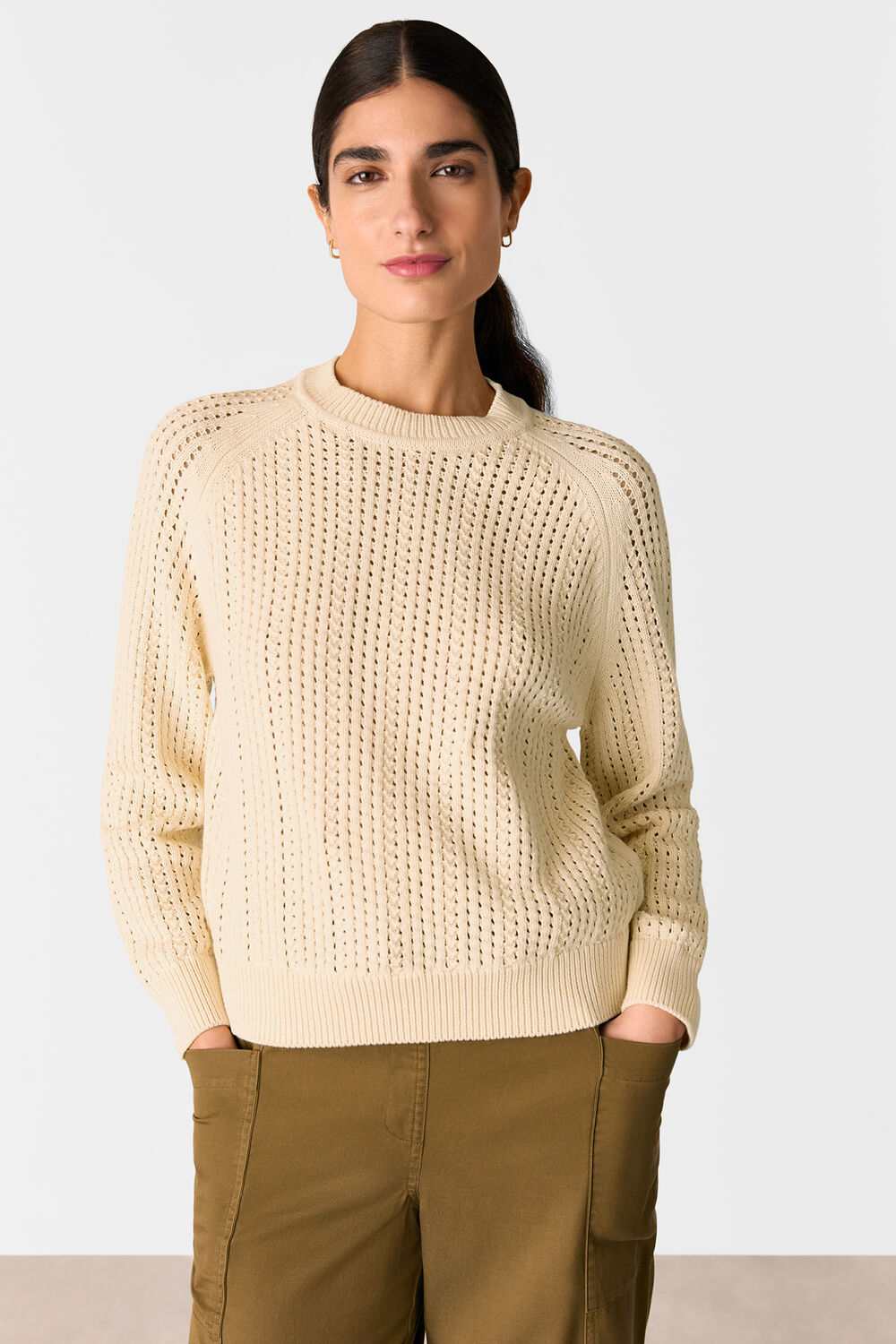 Ivory Pointelle Crew Neck Knit