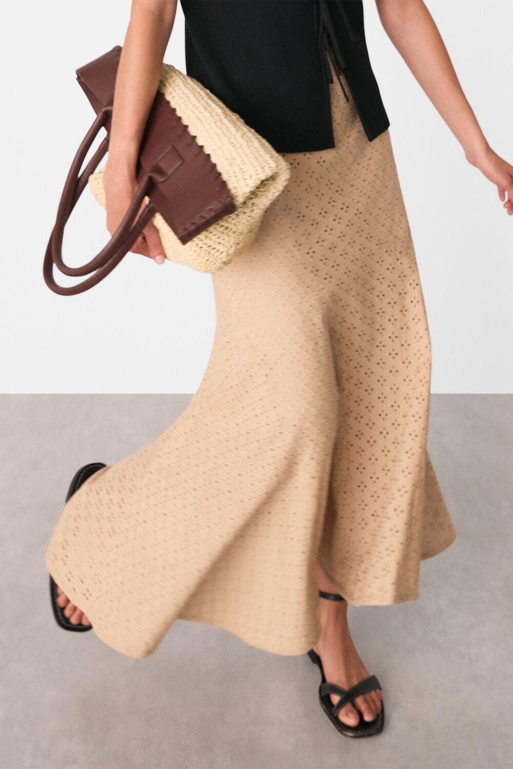 Camel Cotton Broderie Midi Skirt