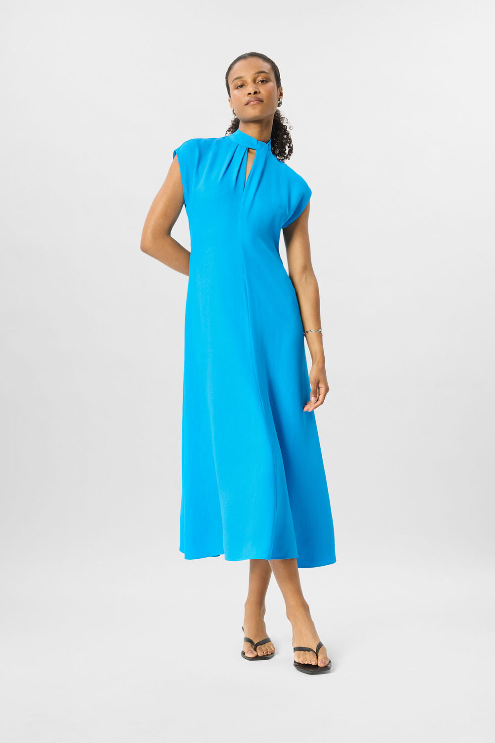 Blue Twist Neck Crepe Midi Dress