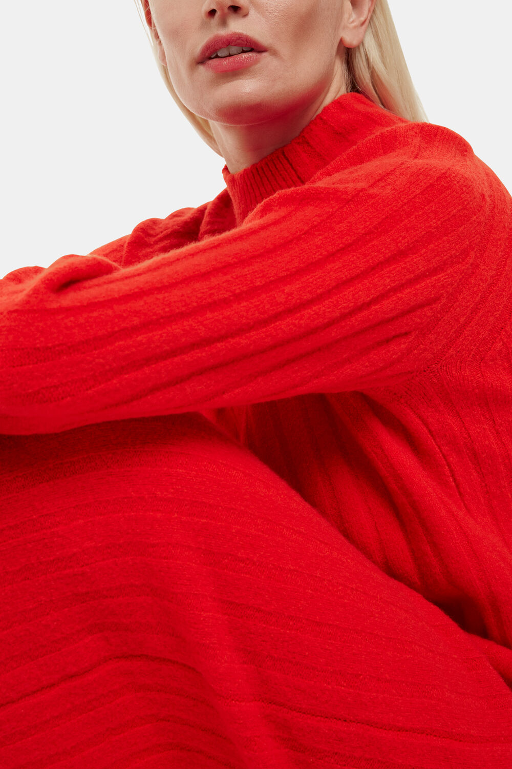 Red Petite Ribbed Knitted Midi Dress