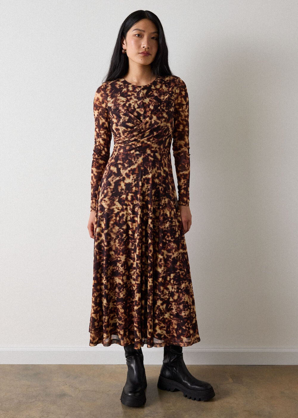 Brown Abstract Animal Mesh Dress