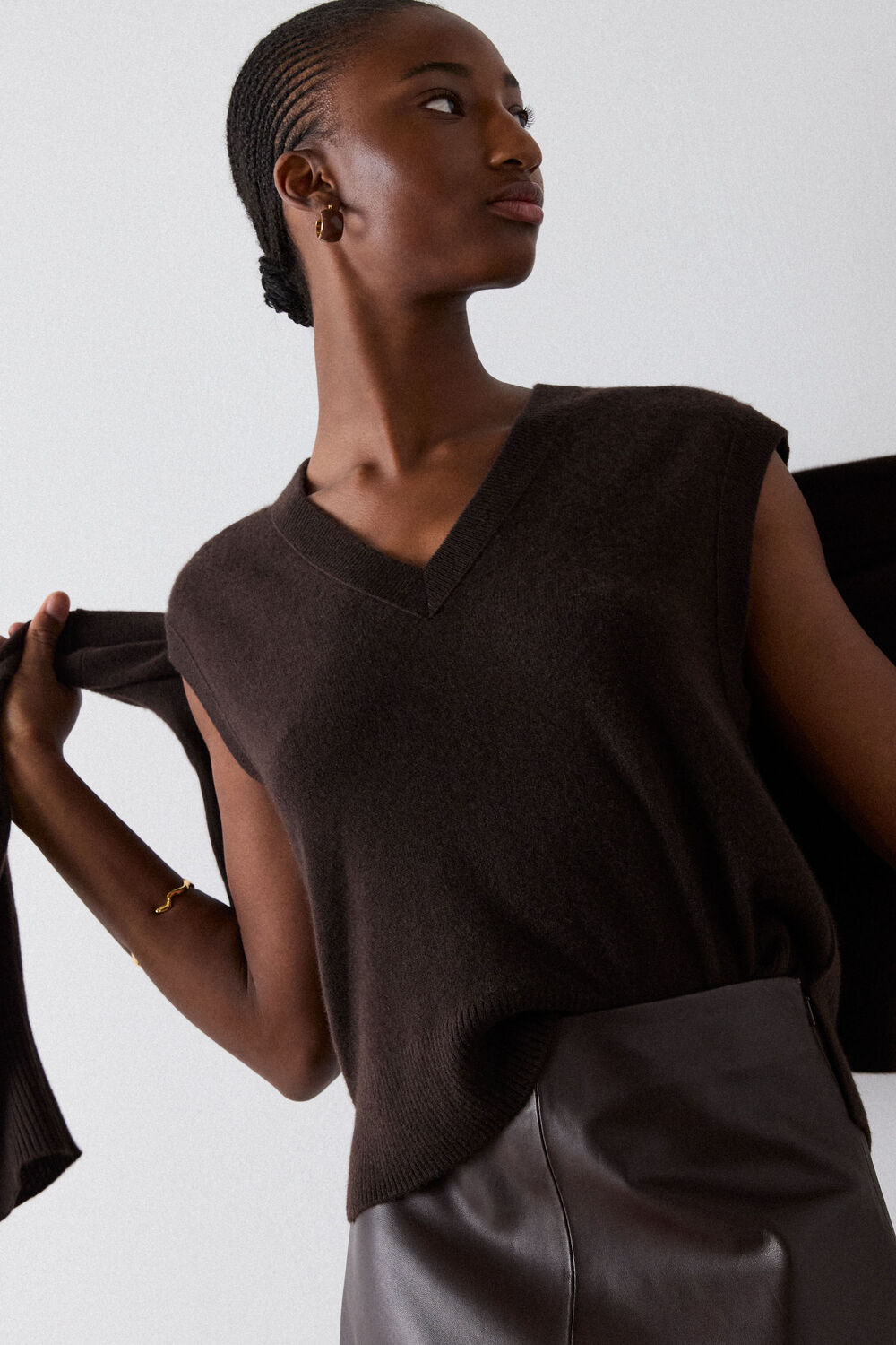Brown Cashmere V Neck Tank
