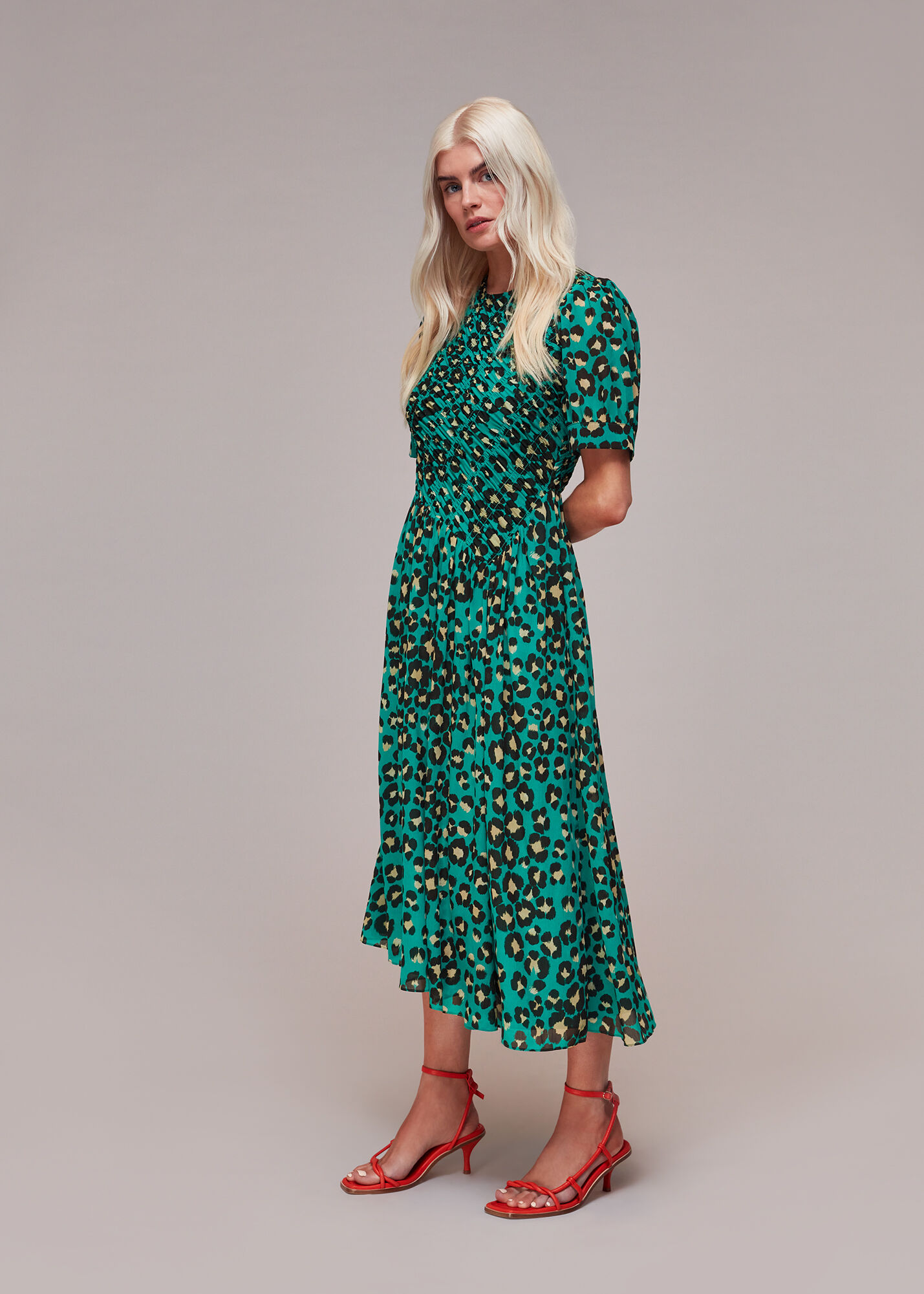 Green/Multi Painted Leopard Shirred Dress | WHISTLES | Whistles US |