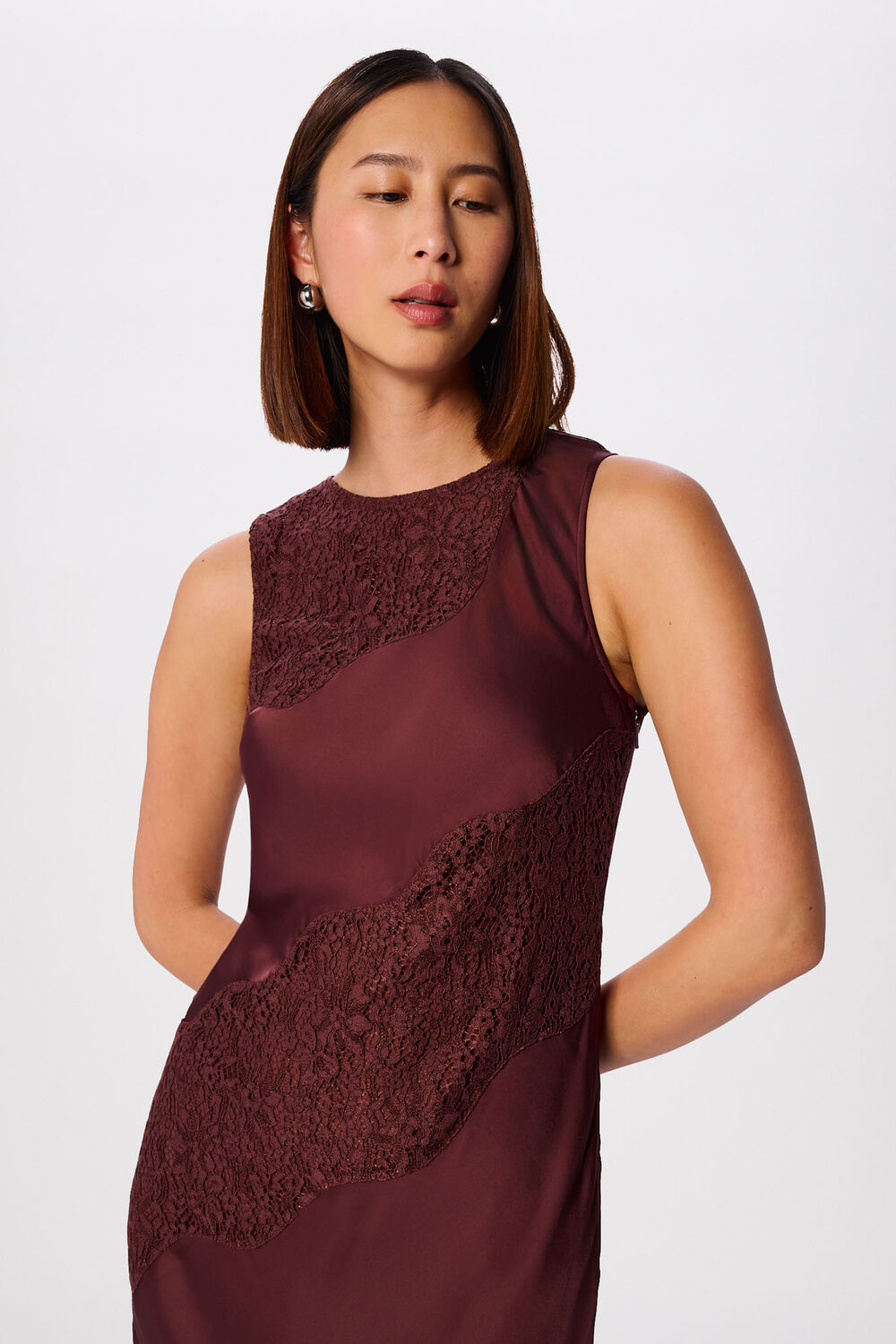 Brown Lace Insert Midi Dress