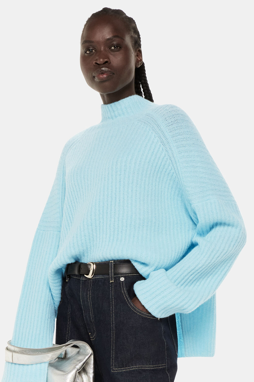 Pale Blue Wool Mix Rib Funnel Neck