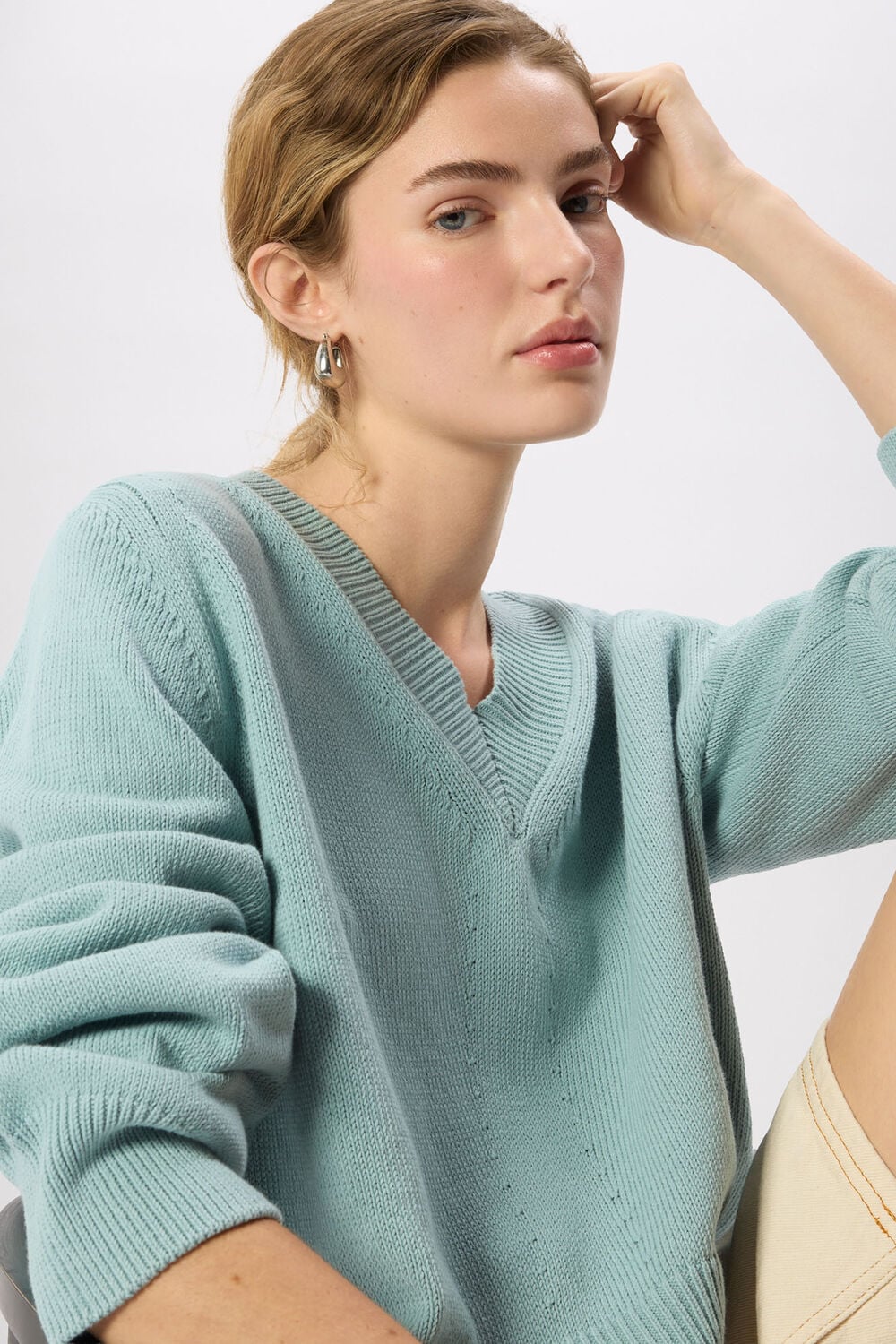 Blue Cotton V Neck Relaxed Knit