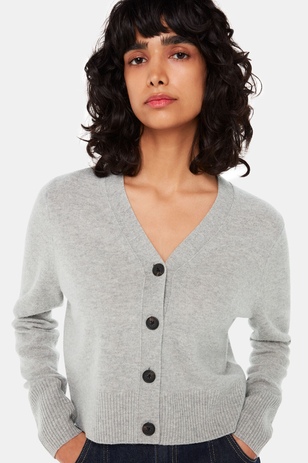 Grey Wool Cropped V Neck Cardigan