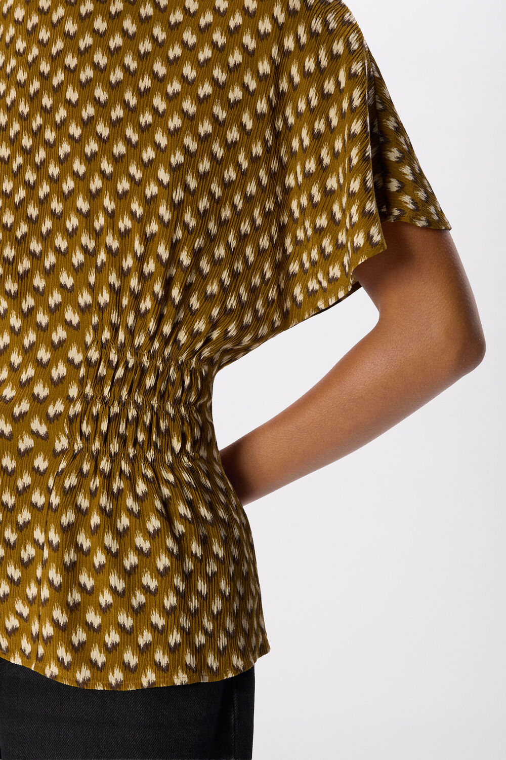 Khaki Ikat Spot Shirred Blouse