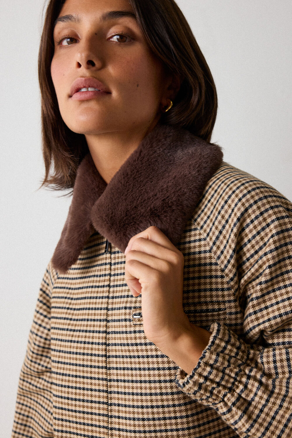 Brown Faux Fur Collar Check Bomber