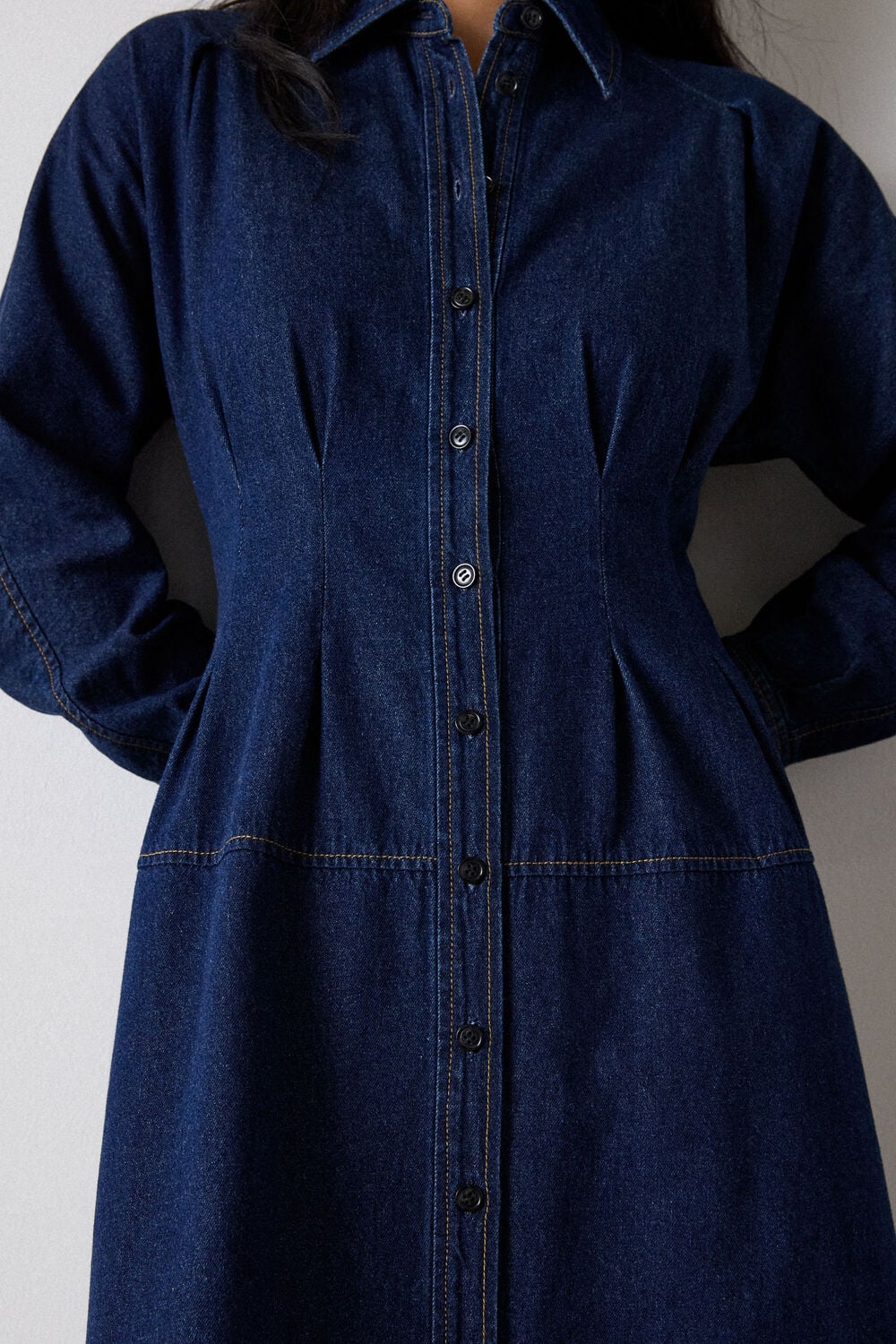 Dark Denim Waisted Midi Shirt Dress