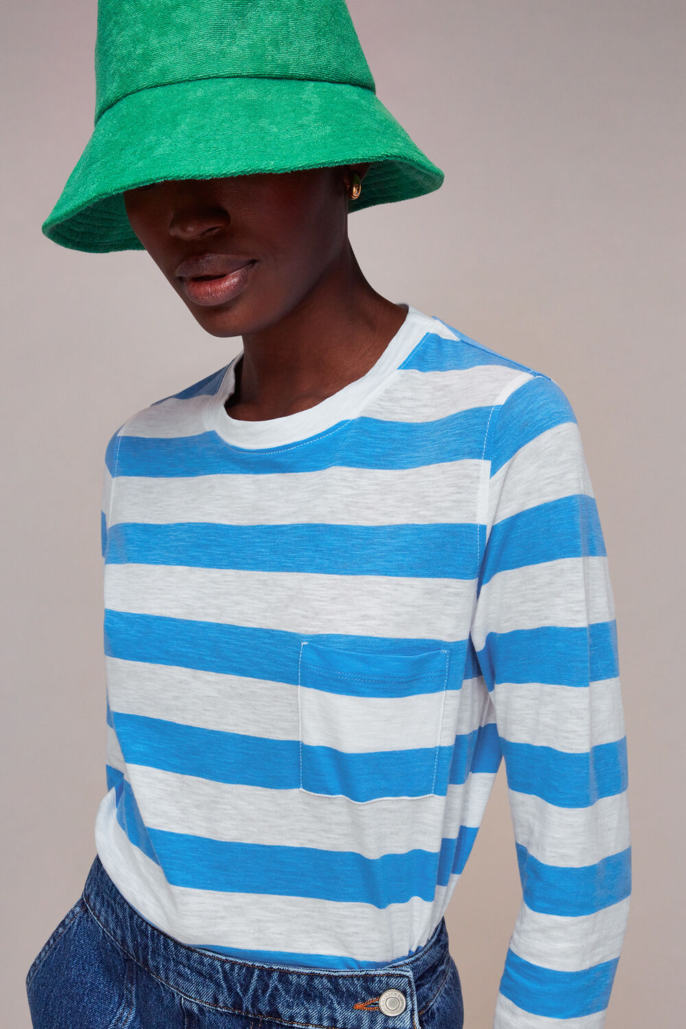 Crew Neck Stripe Pocket Top