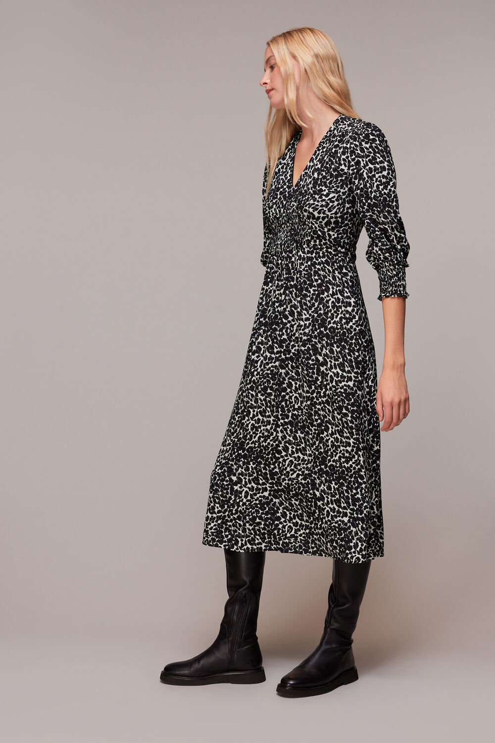 Shadow Leopard Shirred Dress