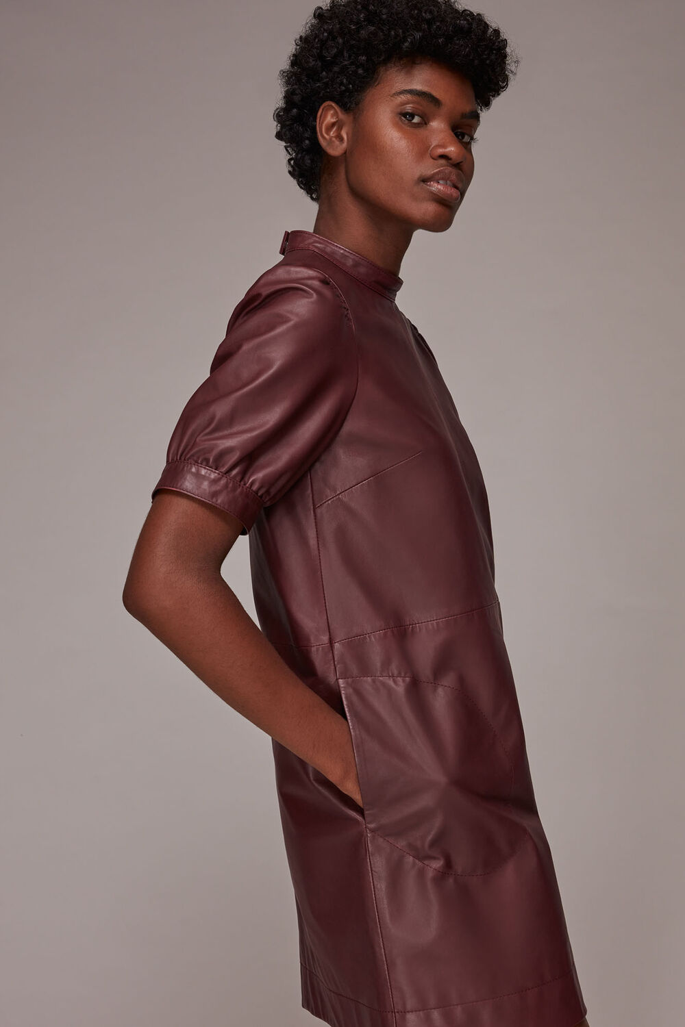 Burgundy Puff Sleeve Leather Dress
