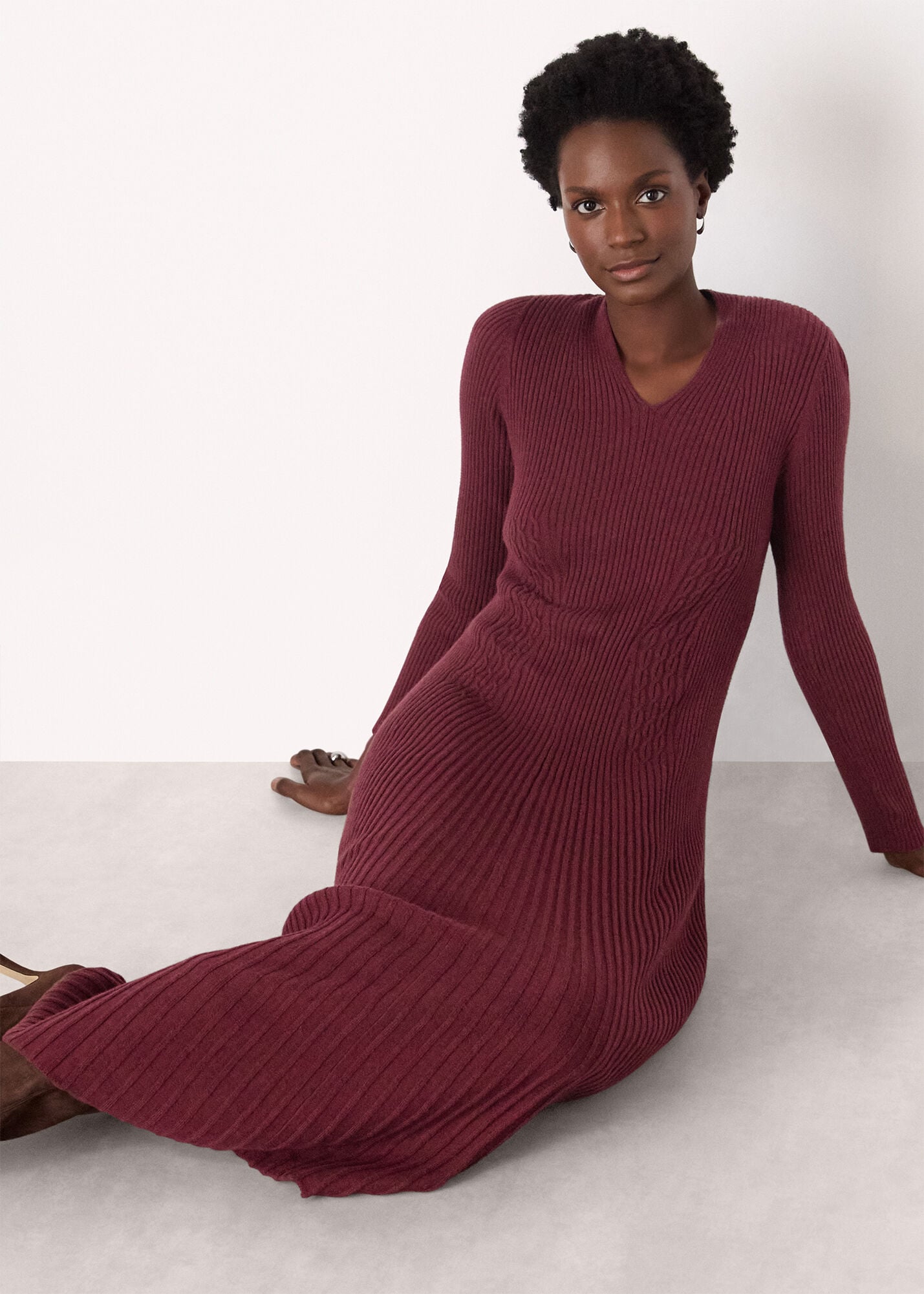 Burgundy V Neck Cable Ribbed Knit Dress | WHISTLES | Whistles US |
