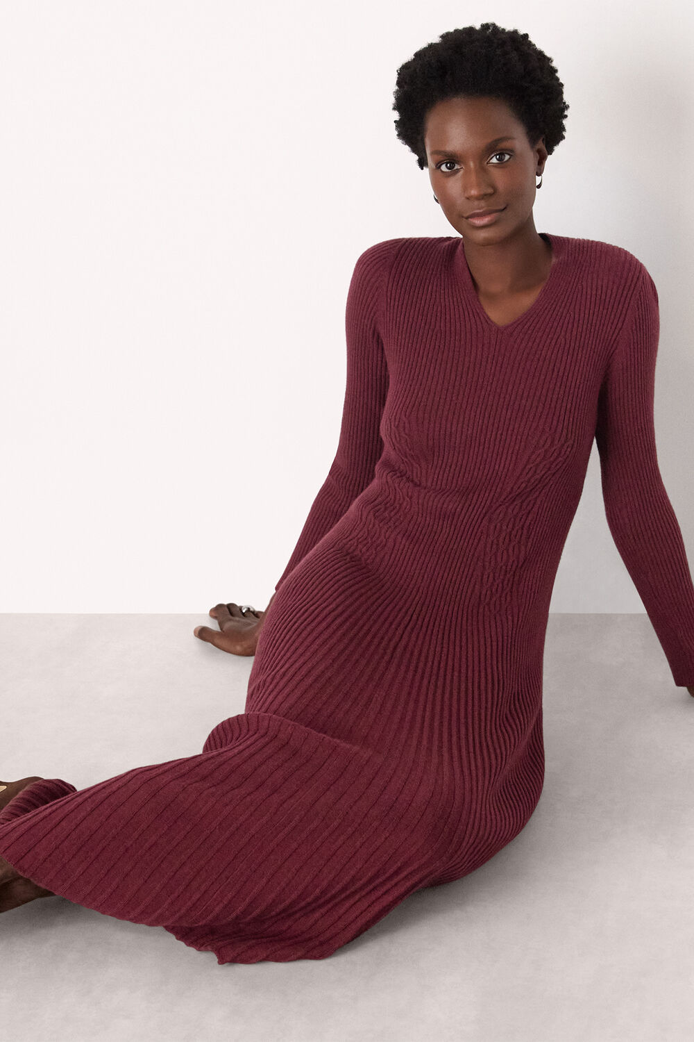 Burgundy V Neck Cable Ribbed Knit Dress
