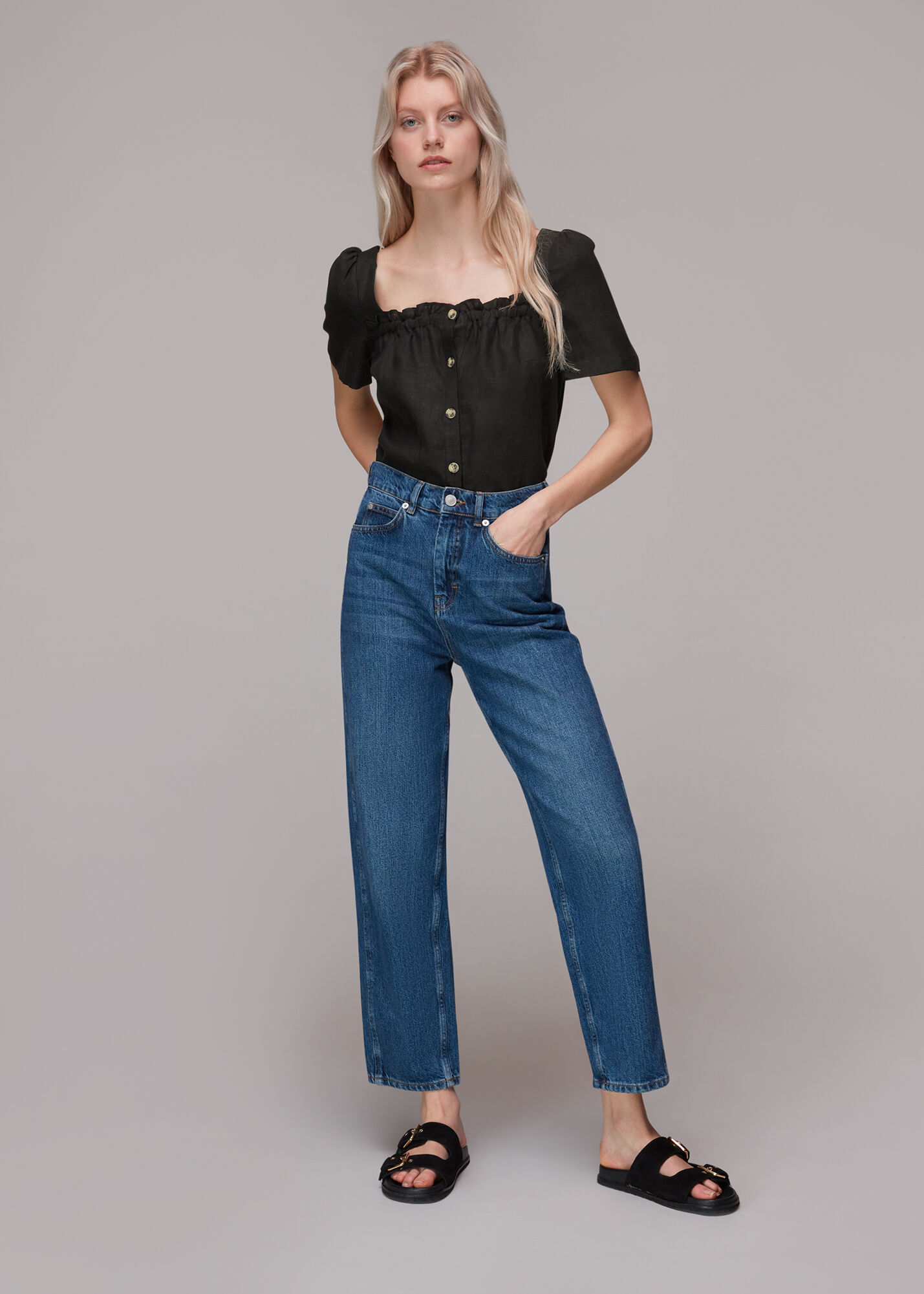 Black Square Neck Linen Top | WHISTLES | Whistles US |