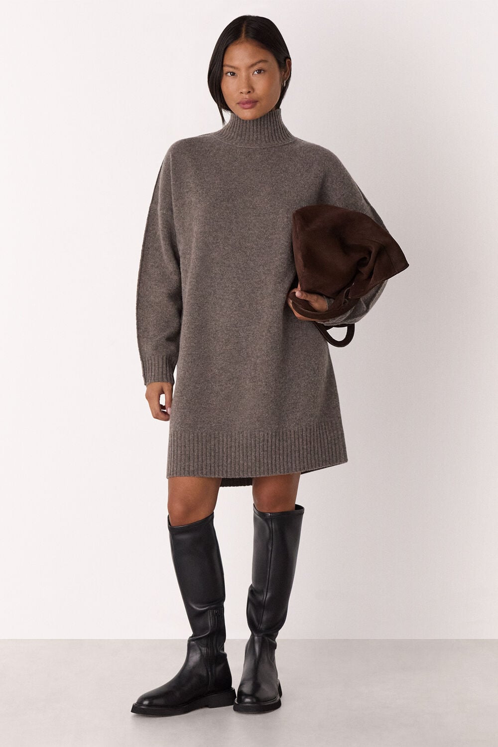 Taupe Petite Funnel Neck Wool Mini Dress