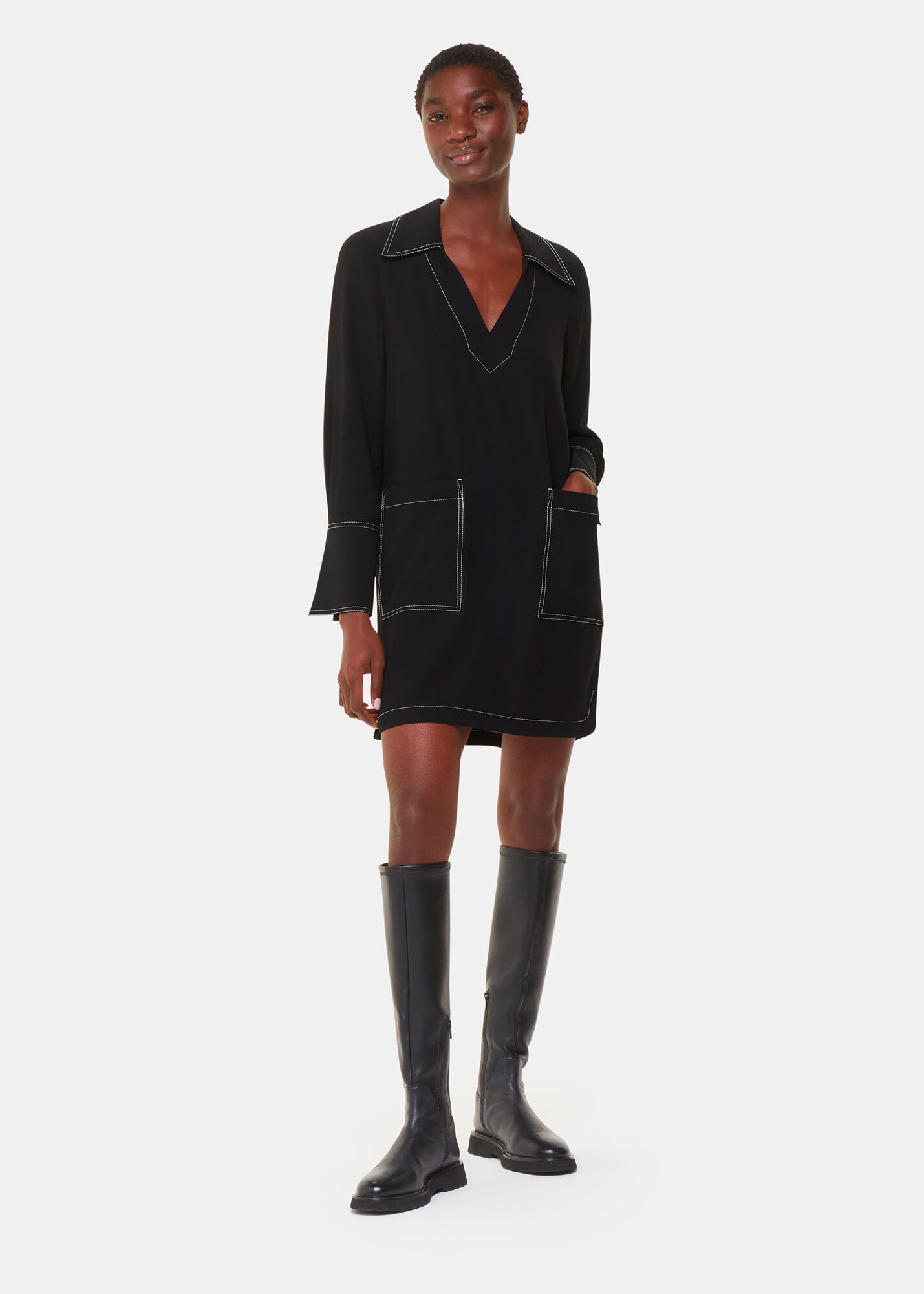Black Topstitch Detail Shirt Dress | WHISTLES | Whistles US |