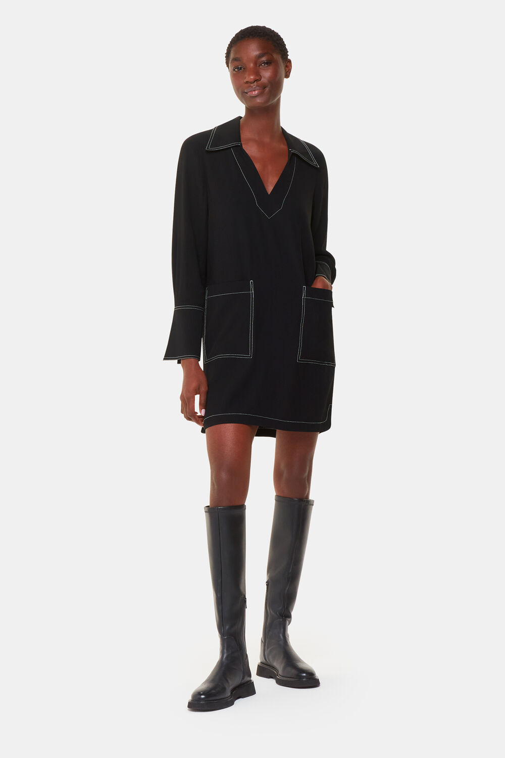 Black Topstitch Detail Shirt Dress