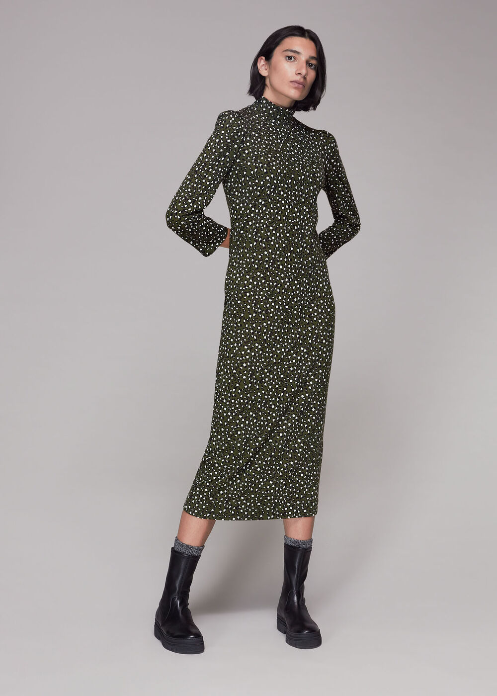 whistles green leopard dress Green/Multi Wild Jersey Midi | Gold Evening Gown