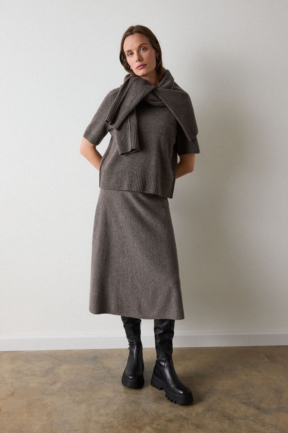 Neutral Petite Wool Knitted Midi Skirt
