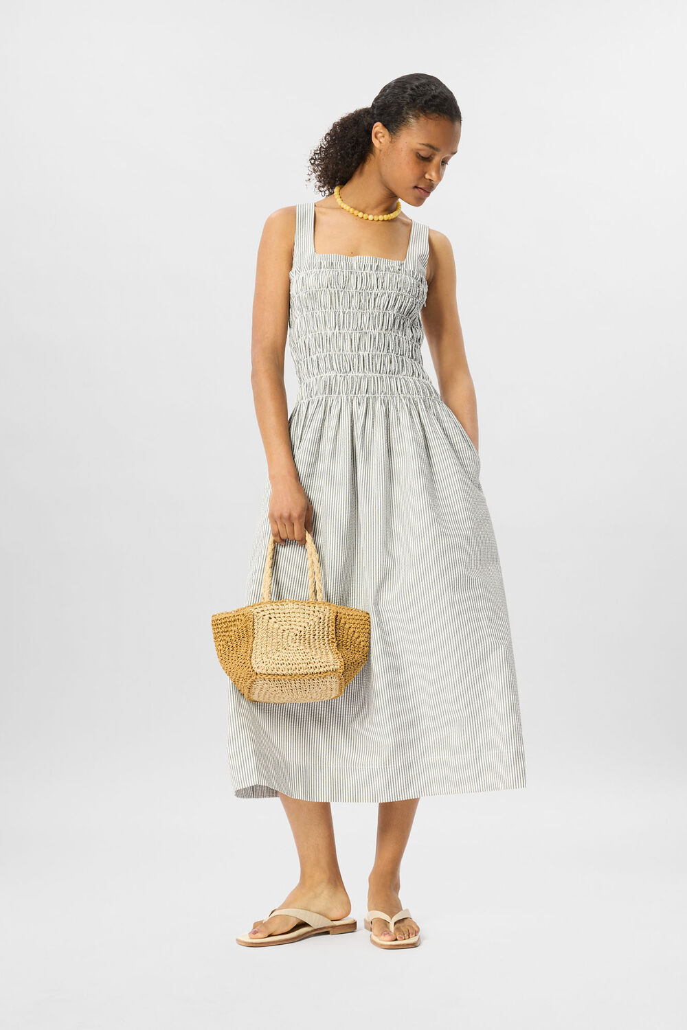 White Seersucker Ruched Bodice Dress