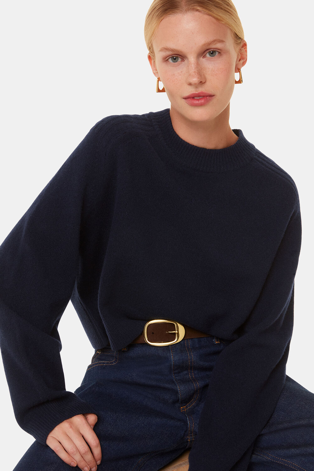 Navy Wool Crop Relaxed Knit