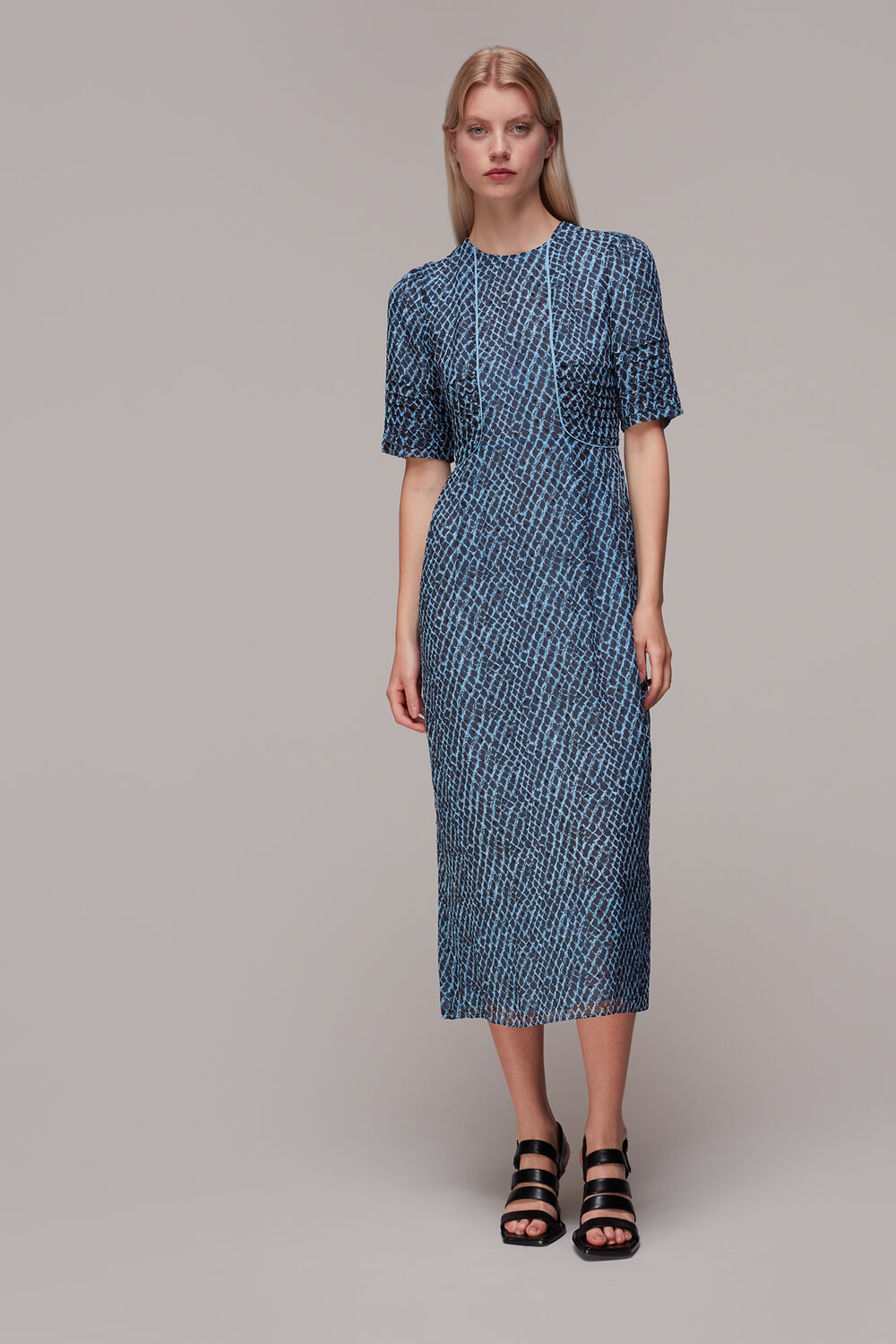 Blue Brushed Geo Print Dobby Dress