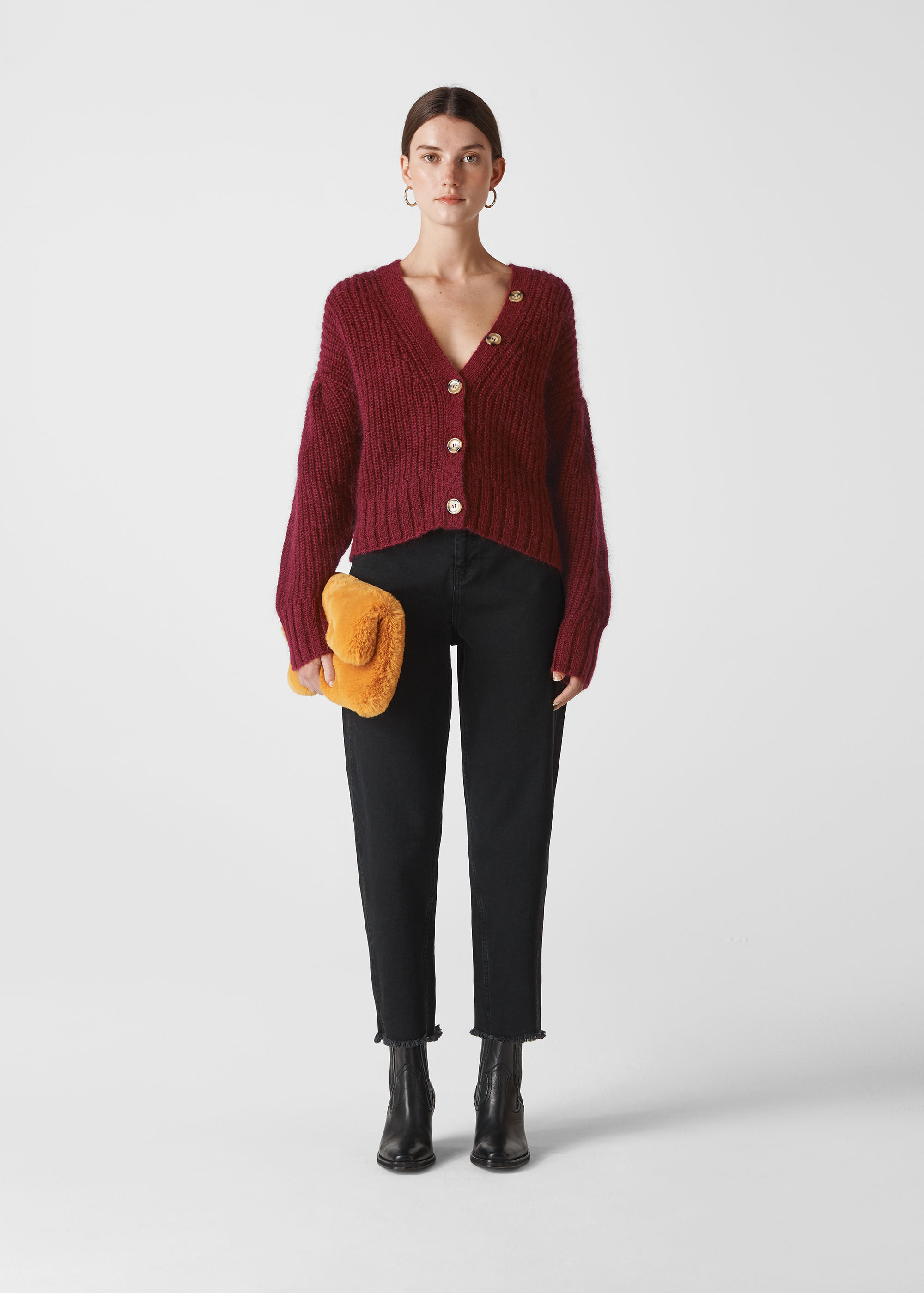 Burgundy Mohair Cropped Cardigan | WHISTLES | Whistles US |