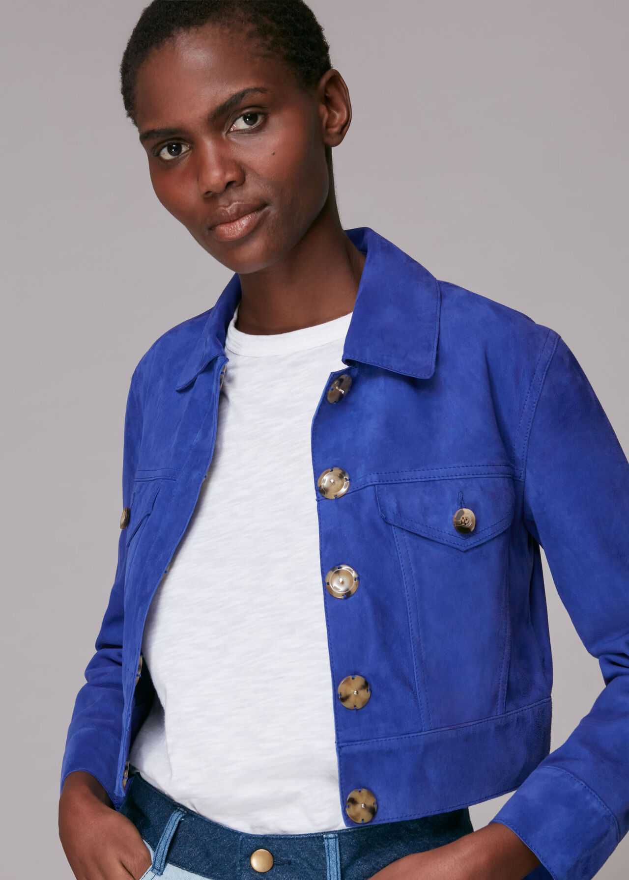 Blue Taali Cropped Suede Jacket | WHISTLES