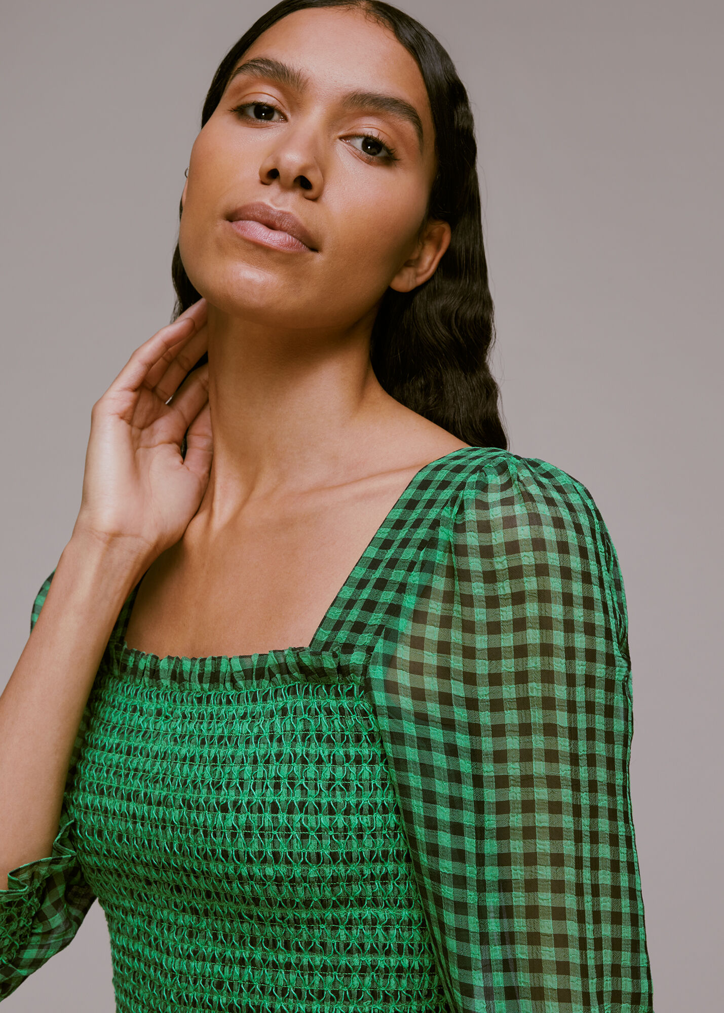 Green/Multi Lottie Gingham Shirred Dress WHISTLES